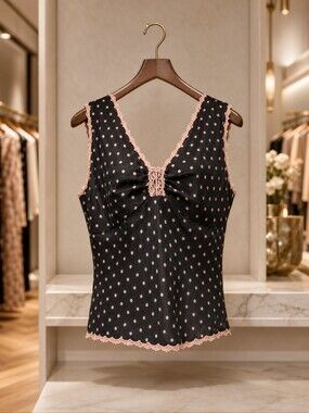 Ice - Vintage 100% Silk Black and Pink Polka Dot Blouse With Lace. Size 10